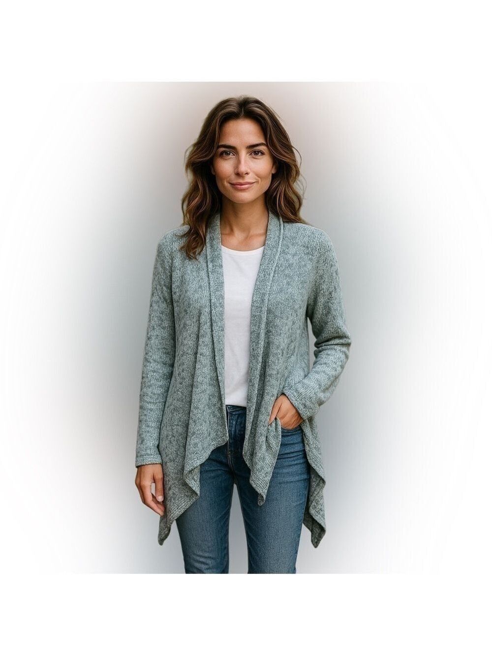 BCBGMAXAZRIA Gray Open Front Sweater Draped Boho Cardigan gray khaki tweed Sz L